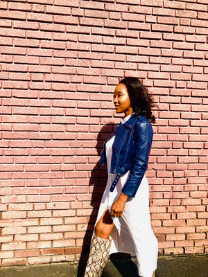 Let It Ride | Navy Cropped Faux Leather Moto Jacket