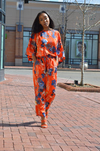 Sunset | Orange Floral High  Waist Pants