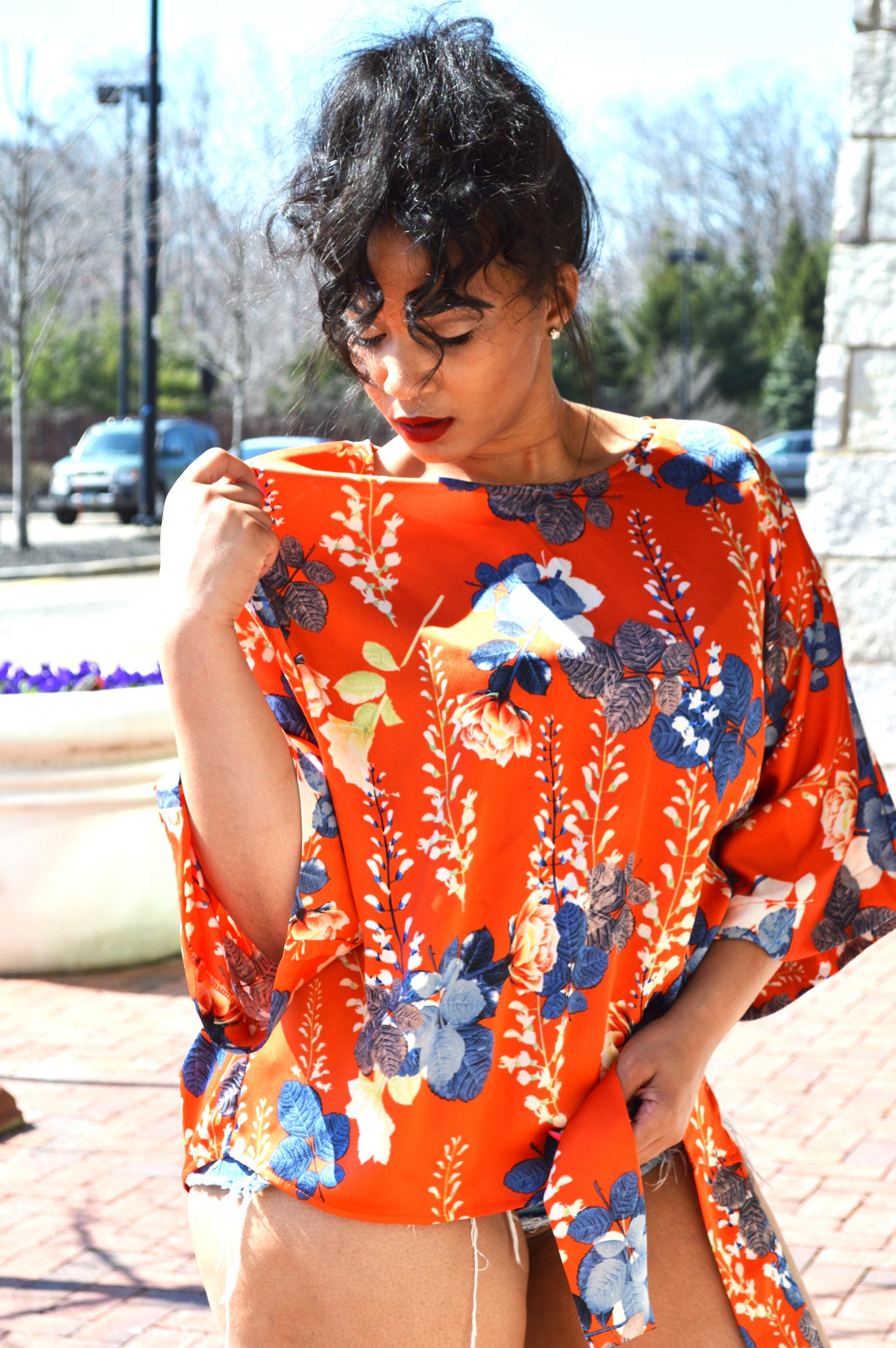 Sunset | Orange Floral Tie Top