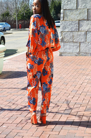 Sunset | Orange Floral High  Waist Pants