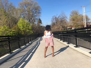 Issa Boss | Red Striped High Waist Mid-Length Shorts