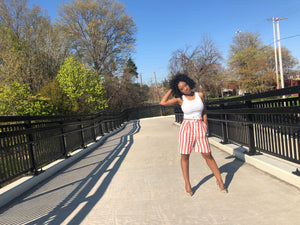 Issa Boss | Red Striped High Waist Mid-Length Shorts